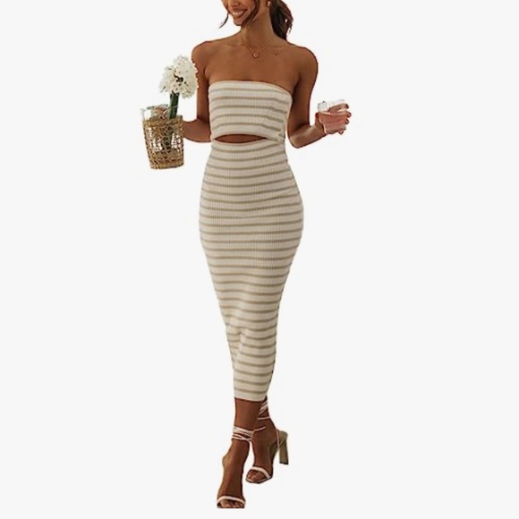 Chic Knit Strapless maxi dress with keyhole | striped white + tan | Small | NWT - Picture 2 of 8